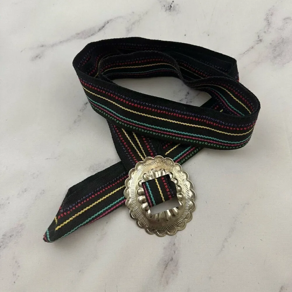 Womens Vintage Fabric Woven Belt Size M Black Colorful Stripe Tin Buckle Western